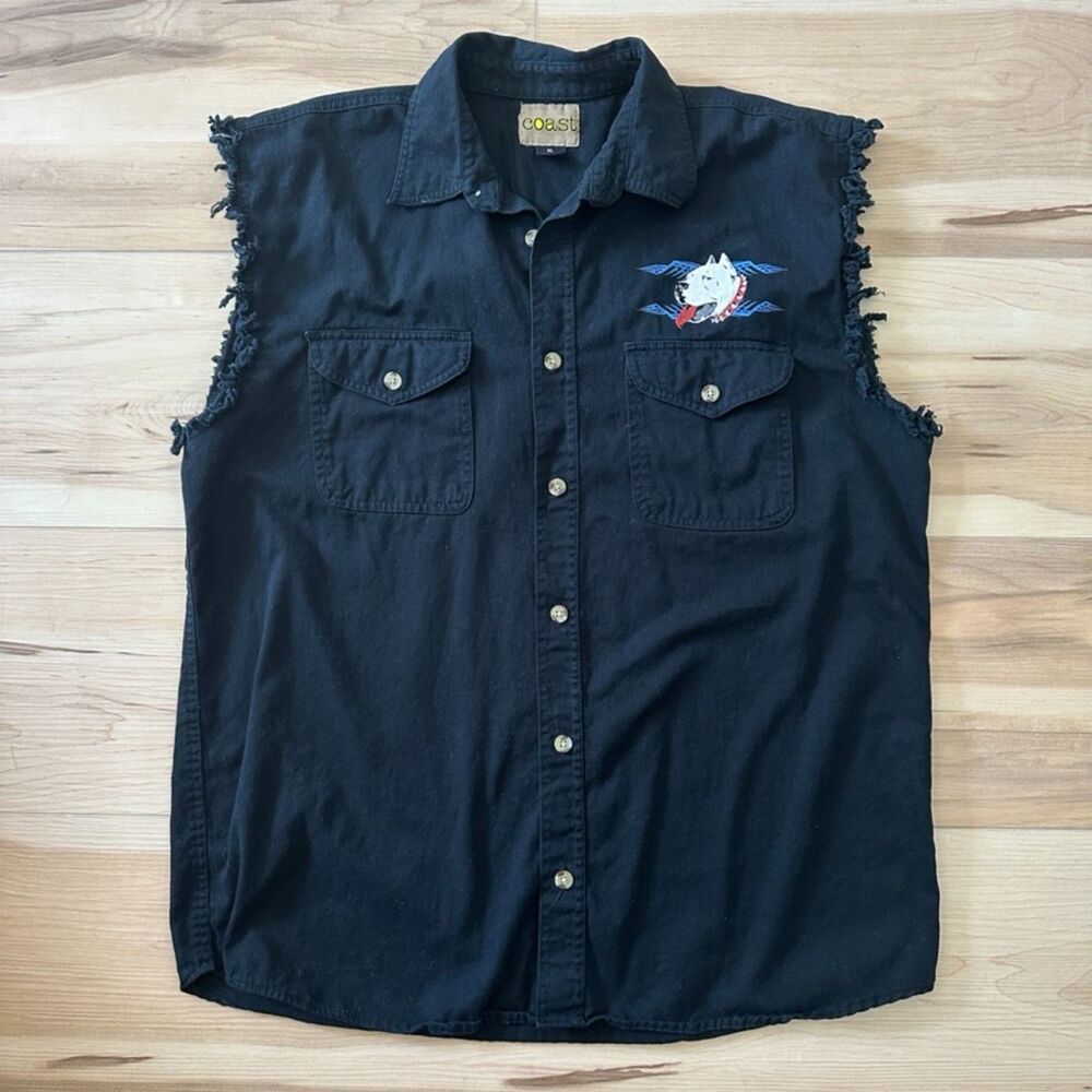 Coast Mens Fringe Vest Pitbull Dog Motorcycle‎ Button Down Sleeveless Black XL